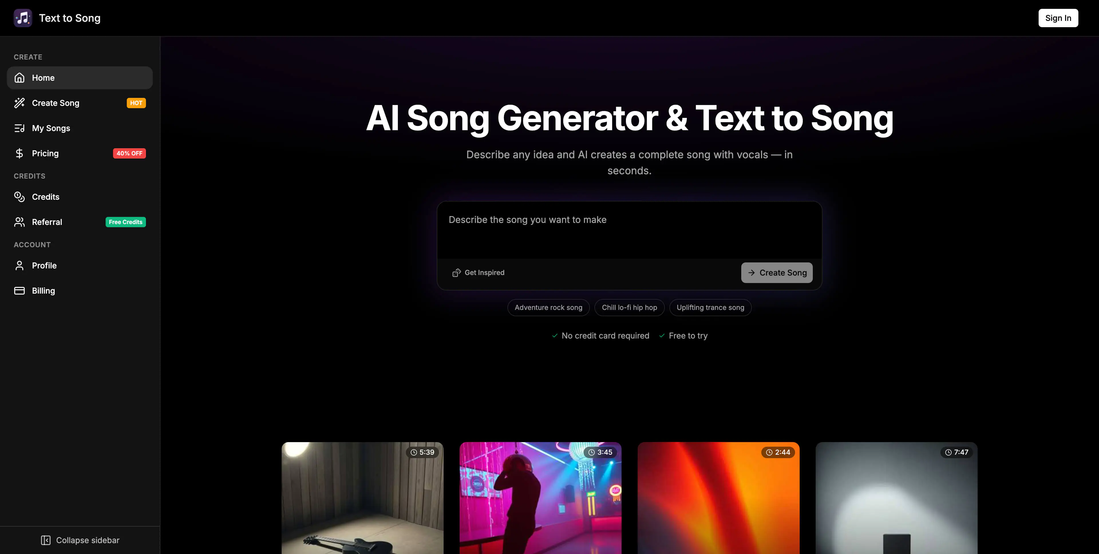 Screenshot of Text to Song AI