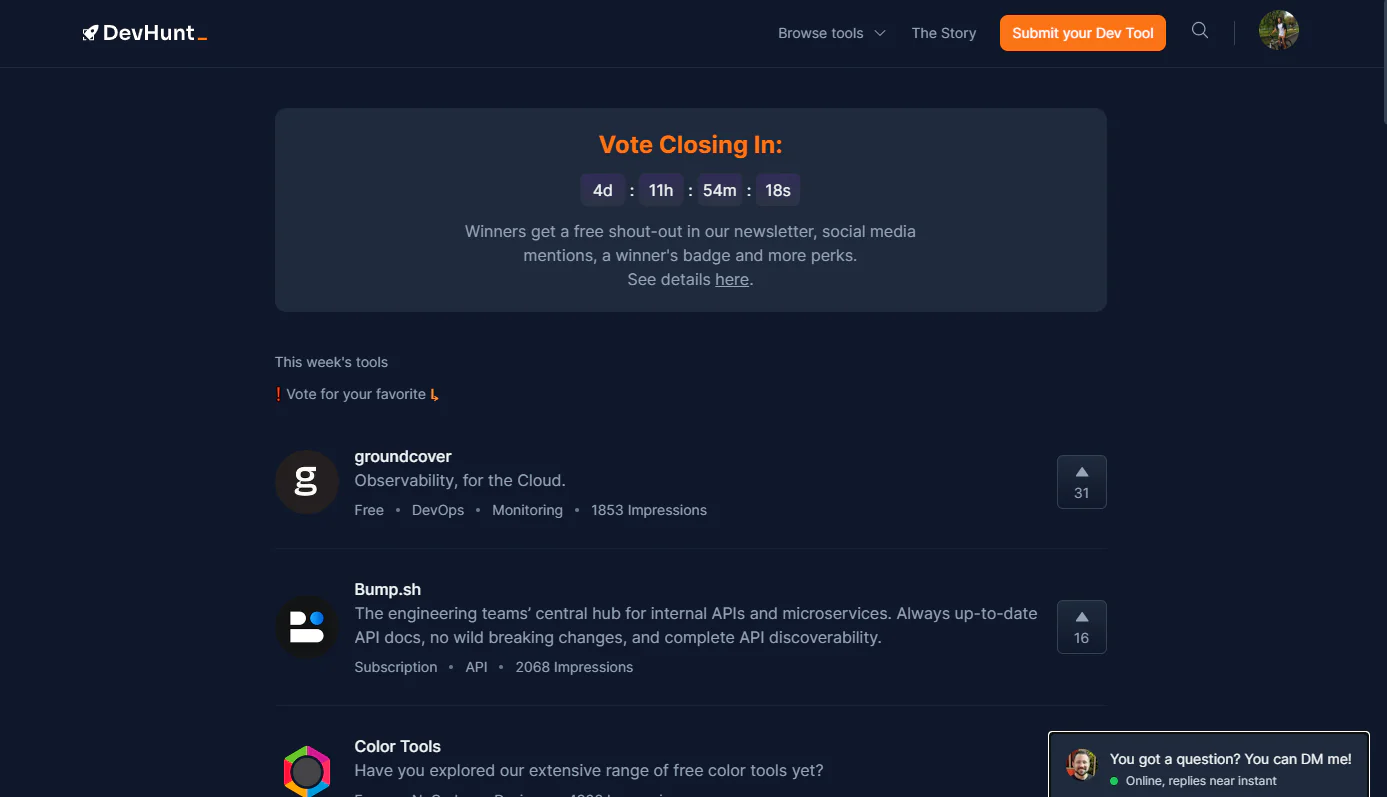 Screenshot of DevHunt