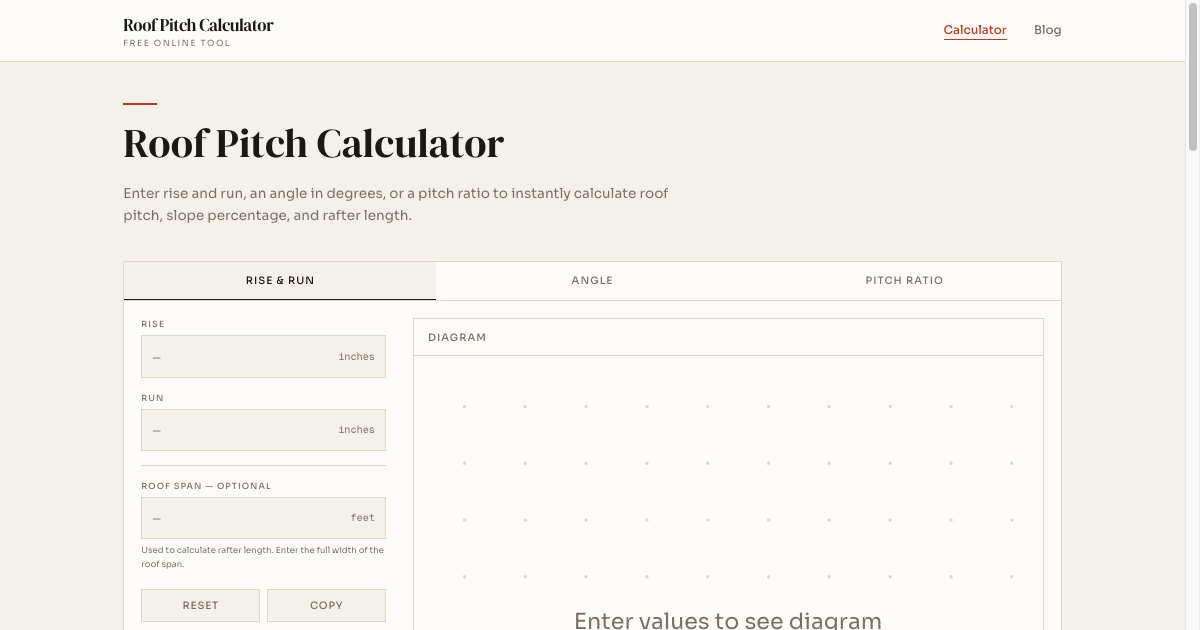 Screenshot of Roof Pitch Calculator