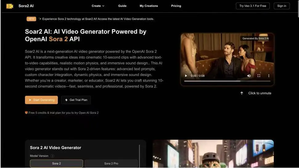 Screenshot of Soar2 AI | Advanced Sora 2 Powered AI Video Generator