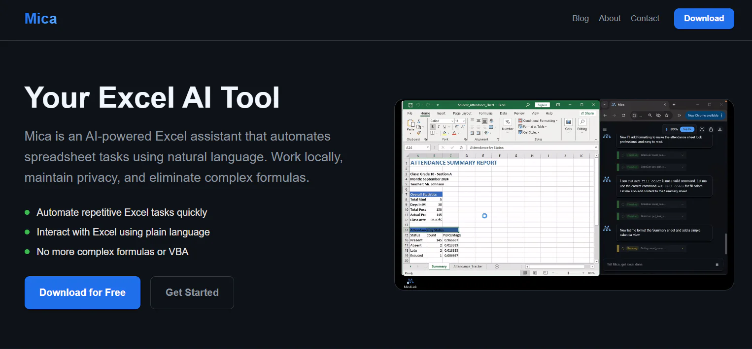 Screenshot of Mica Ai excel
