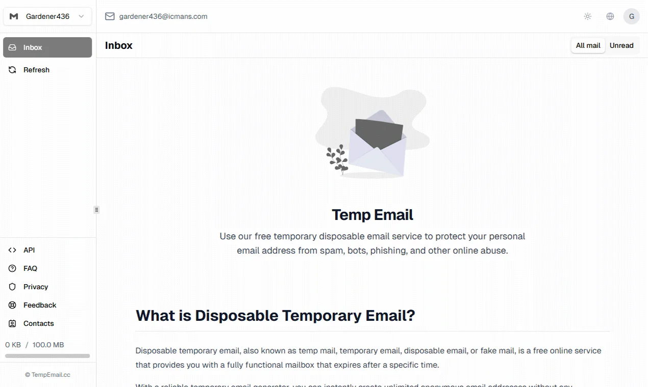 Screenshot of TempEmail.cc