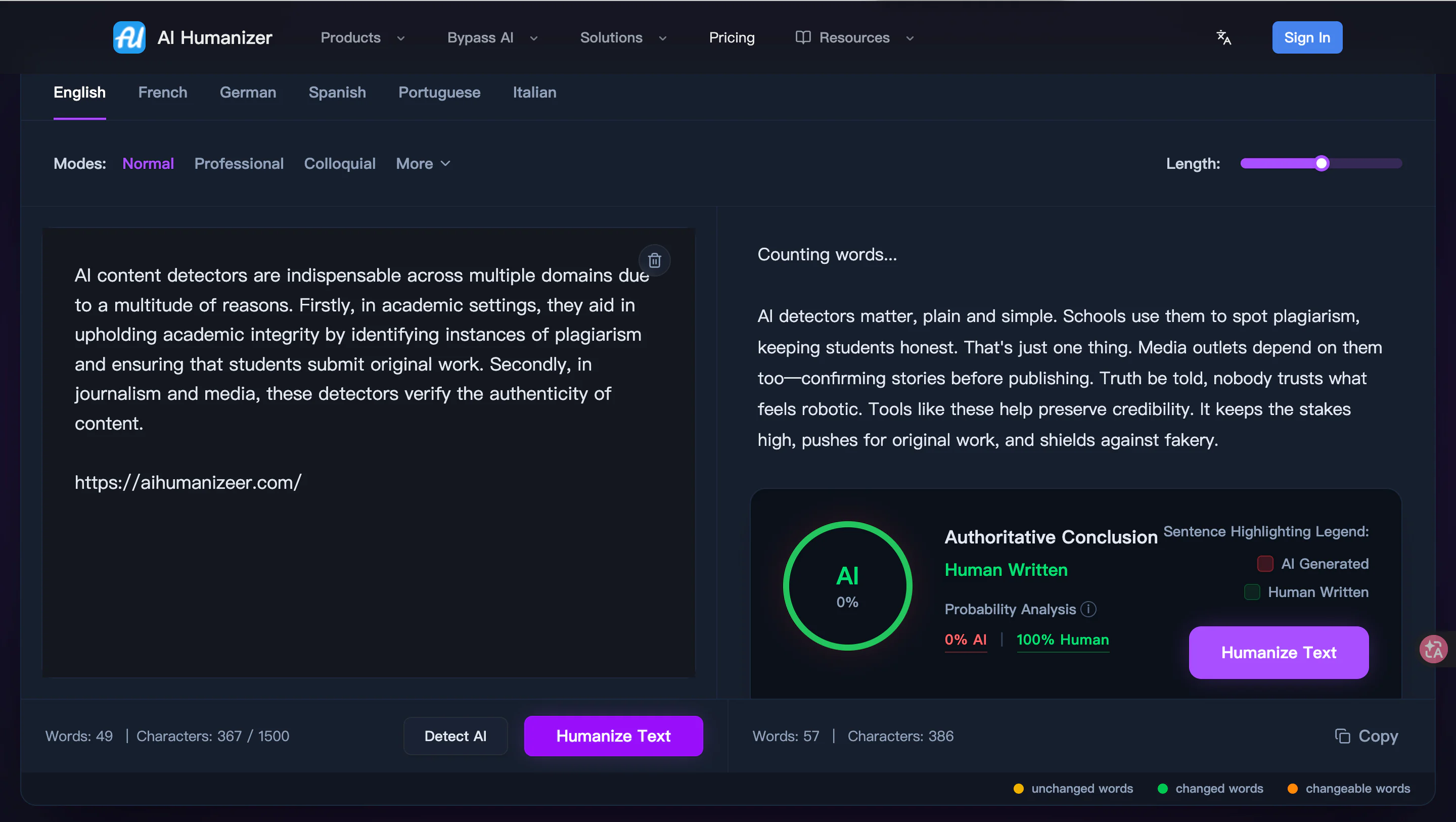 Screenshot of AI Humanizer