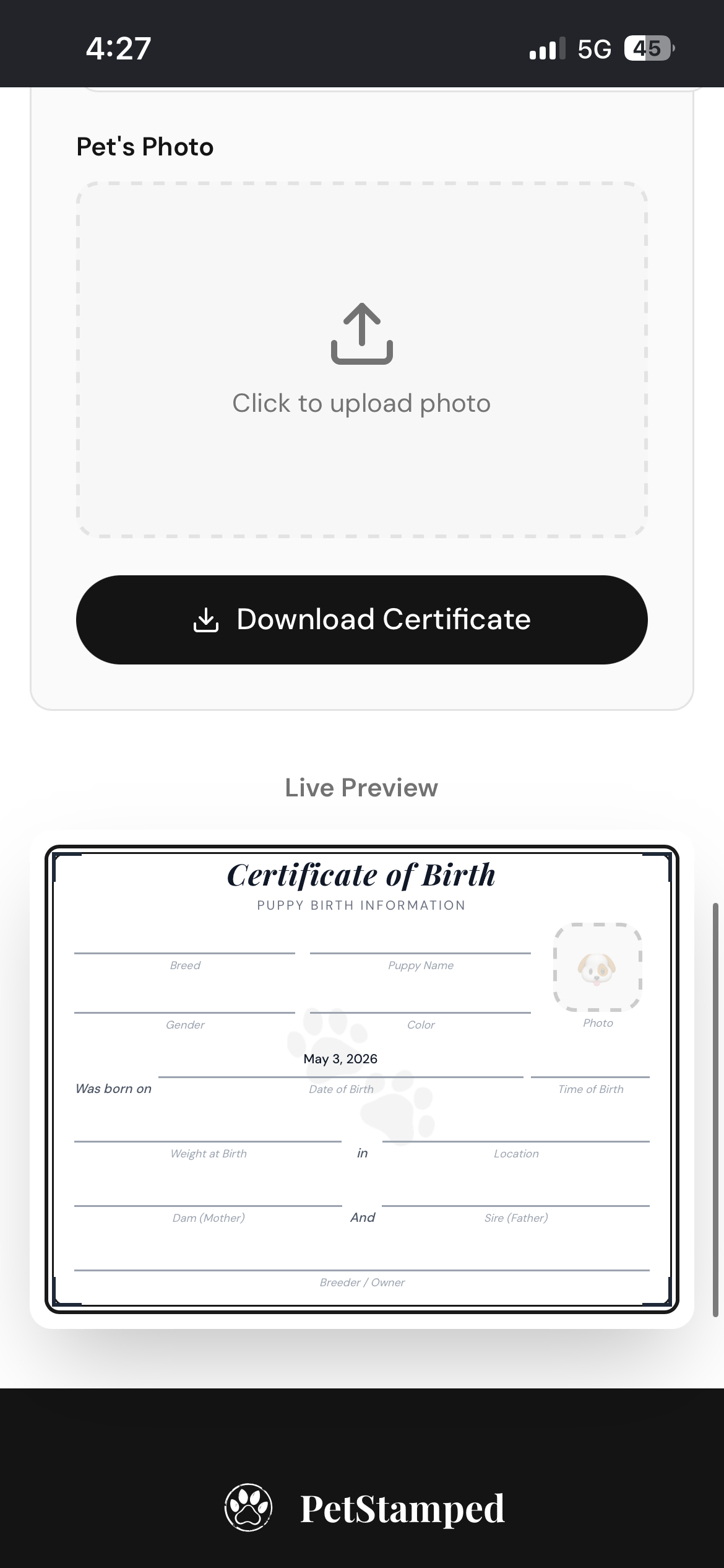 Screenshot of Petstamped
