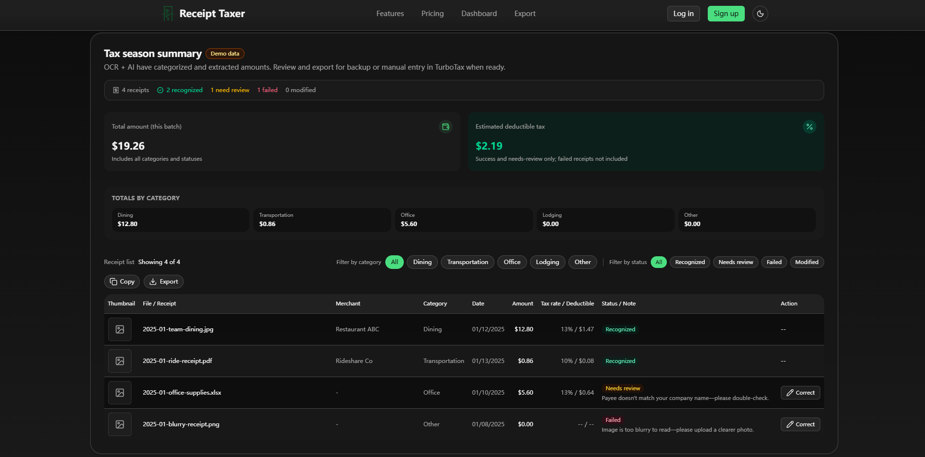 Screenshot of Receipt Taxer